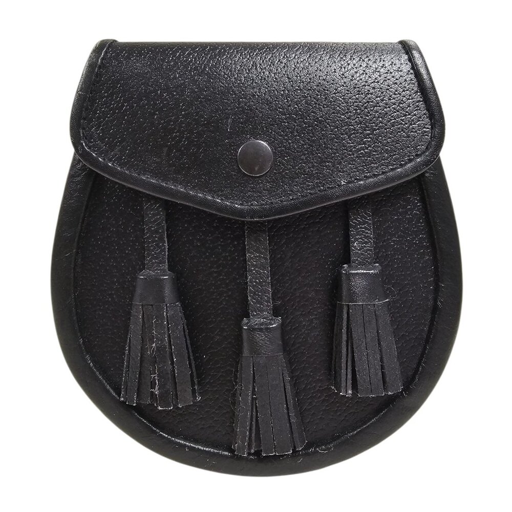 3-Tassels Black Leather Scottish Kilt Sporran